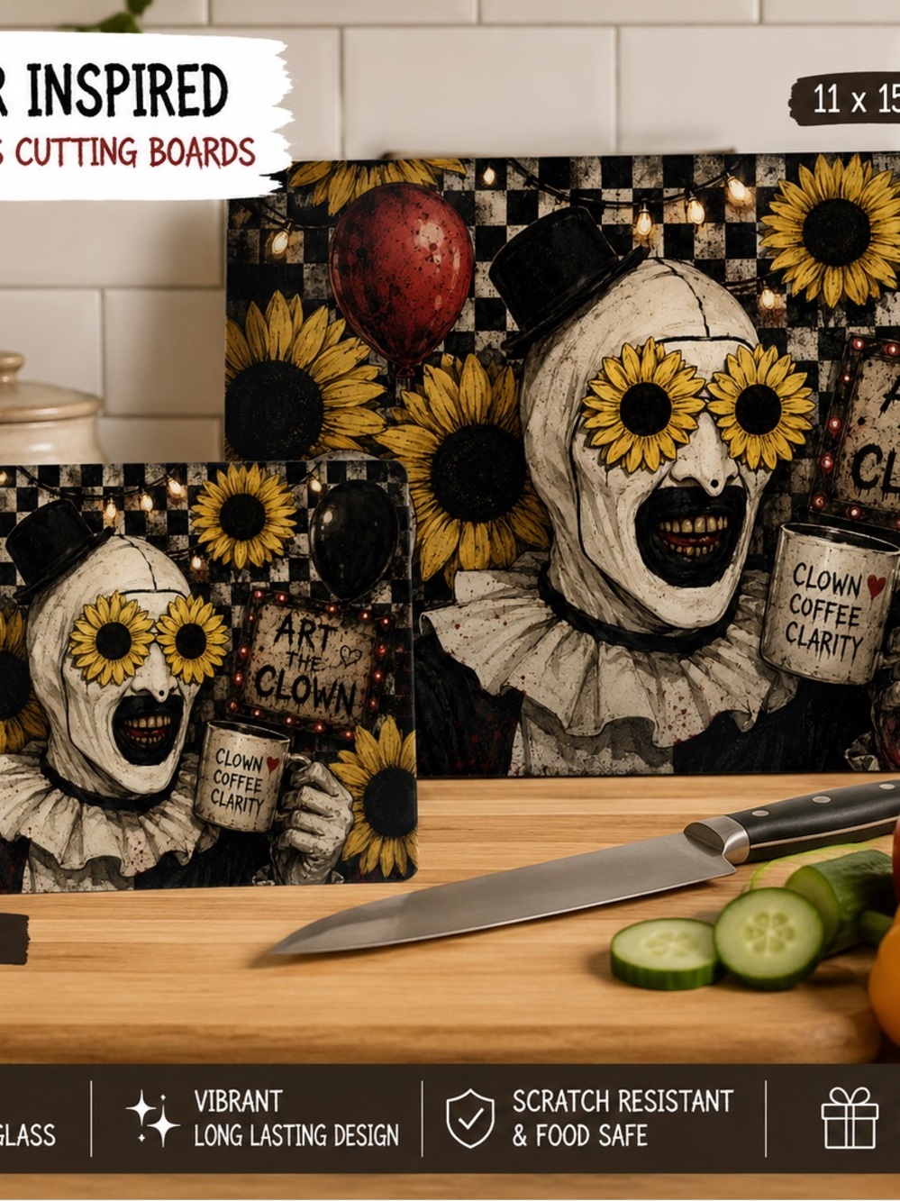 Sunflower Clown Decorative Glass Cutting Board - Yellow 15x11 inches